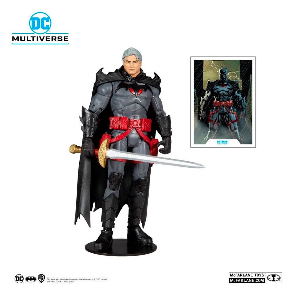 Figura Batman Flashpoint McFarlane con capa negra y espada, parte de la colección DC Multiverse Figura Batman Flashpoint McFarlane con capa negra y espada, parte de la colección DC Multiverse